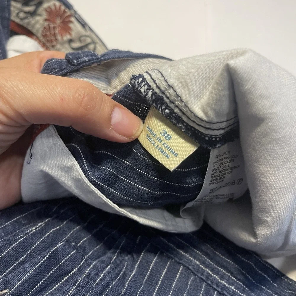 Tommy Bahama Paradise Nation Linen Cargo Shorts 38 Navy Blue Striped Casual